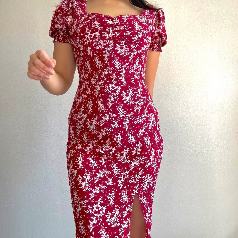 Burgundy Floral Midi Dress with side slit Spring